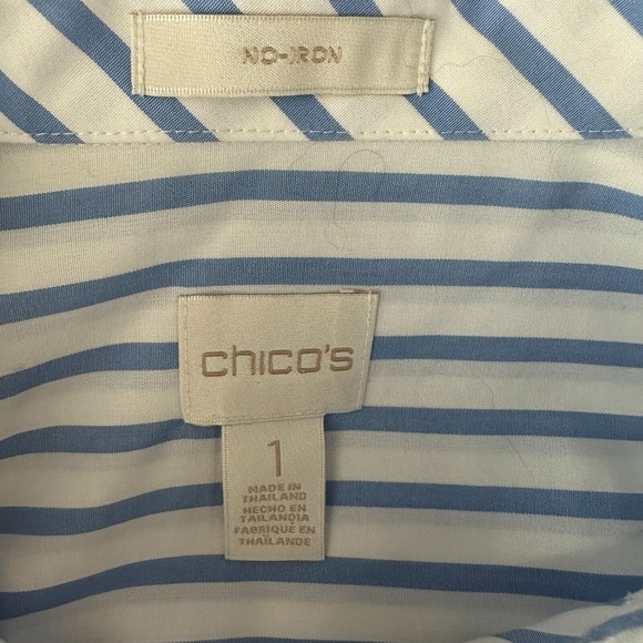 Chicos NO-IRON Button Up Shirt Blouse Size Medium Roll Sleeve Tap Cotton Striped - Picture 7 of 8